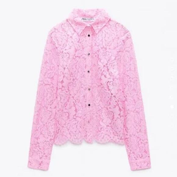 NEW Zara Tailored Barbie Pink Lace Button Down Shirt Blouse Small - Picture 1 of 7